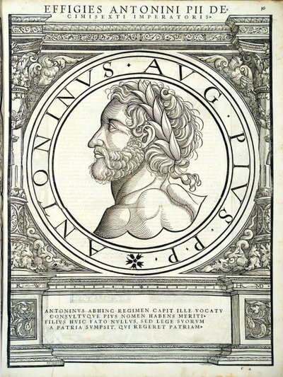 Antonino Pio, illustrazione da Imperatorum romanorum omnium orientalium et occidentalium verissimae imagines ex antiquis numismatis, xilografia di Rudolph Wyssenbach, stampata da Andreas Gesner, Zurigo da Hans Rudolf Manuel Deutsch